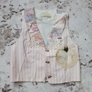 VTG 90s Lucy & Phoebe Girls Vest 7/8 Pink Stripe Floral Lace Shabby Cottagecore